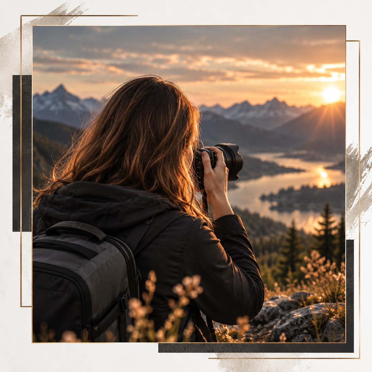 Fotografin bei Sonnenuntergang in den Bergen